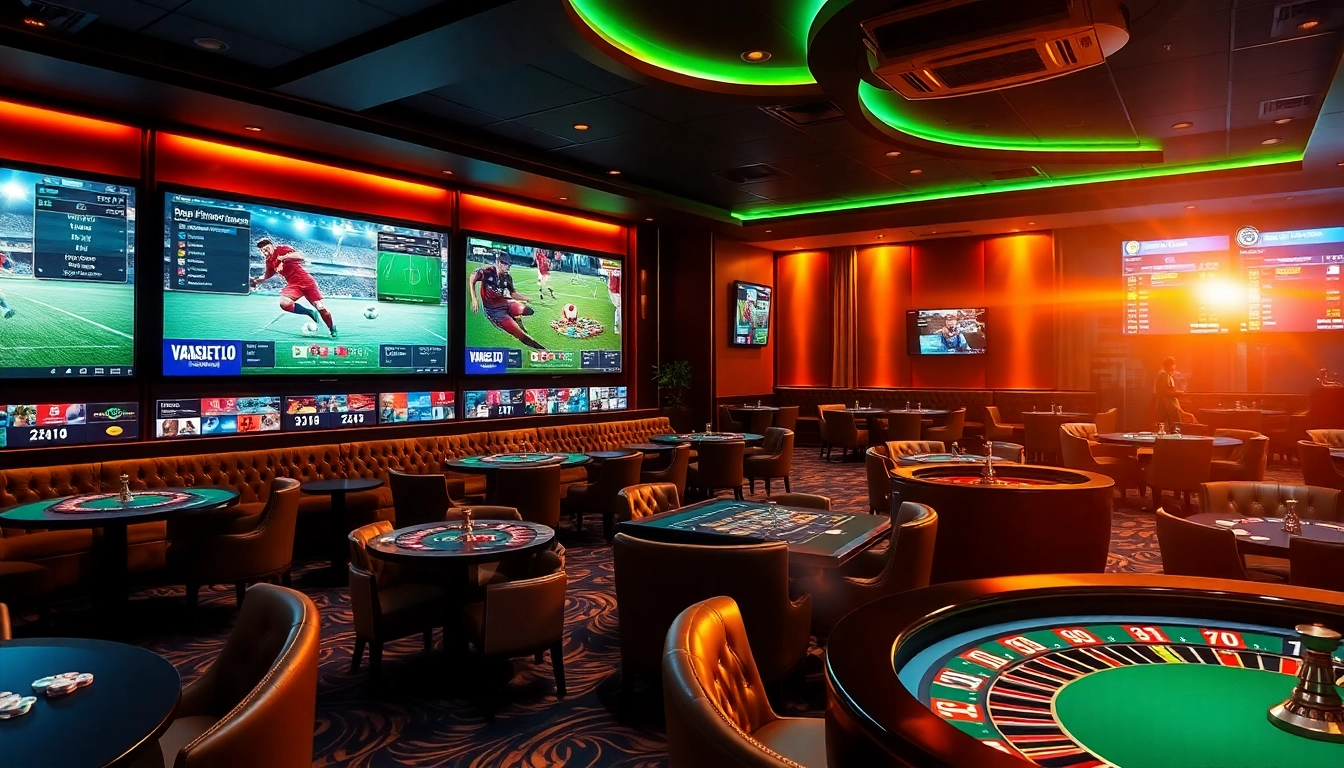 Experience แทงบอลโลก excitement in a luxury sports betting lounge with HD screens and elegant casino elements.