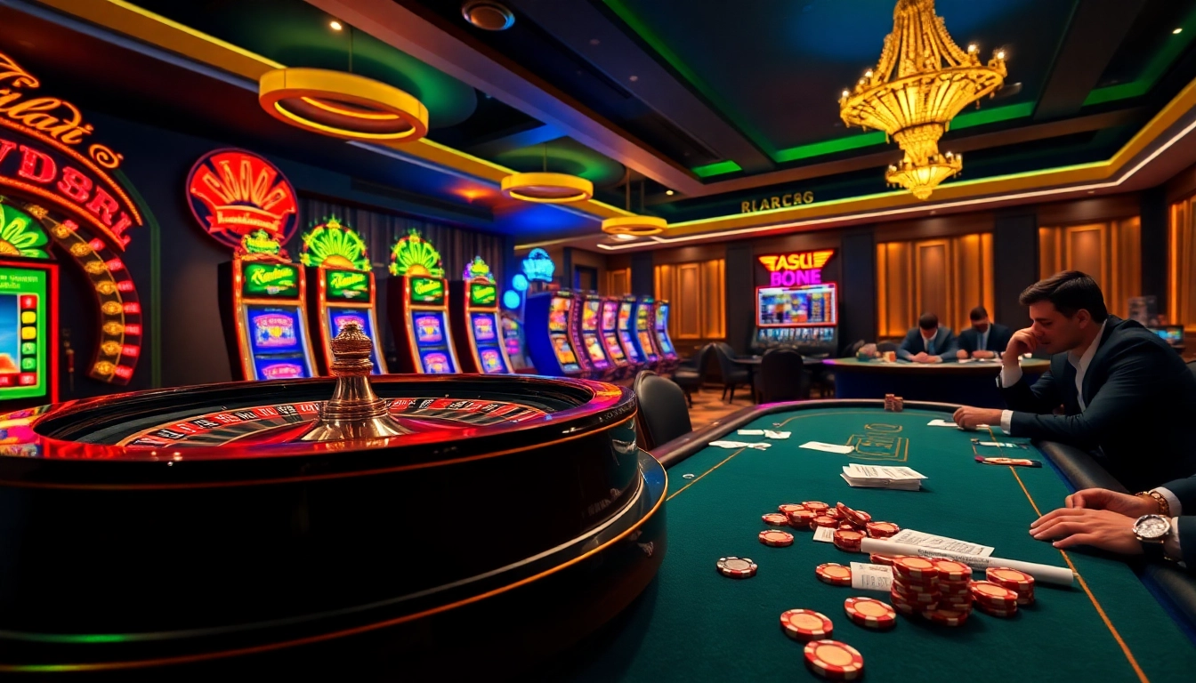 Experience the excitement of online gambling with RR 88's vibrant casino scene featuring a roulette wheel and poker table.
