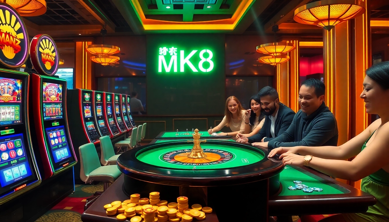Engaging casino scene featuring excitement of เครดิตฟรี MK8 bonuses, players enjoying slot machines and roulette.