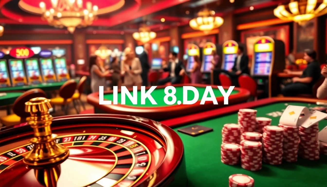 Engaging scene featuring vibrant casino elements highlighting LINK 8DAY with poker chips and slot machines.