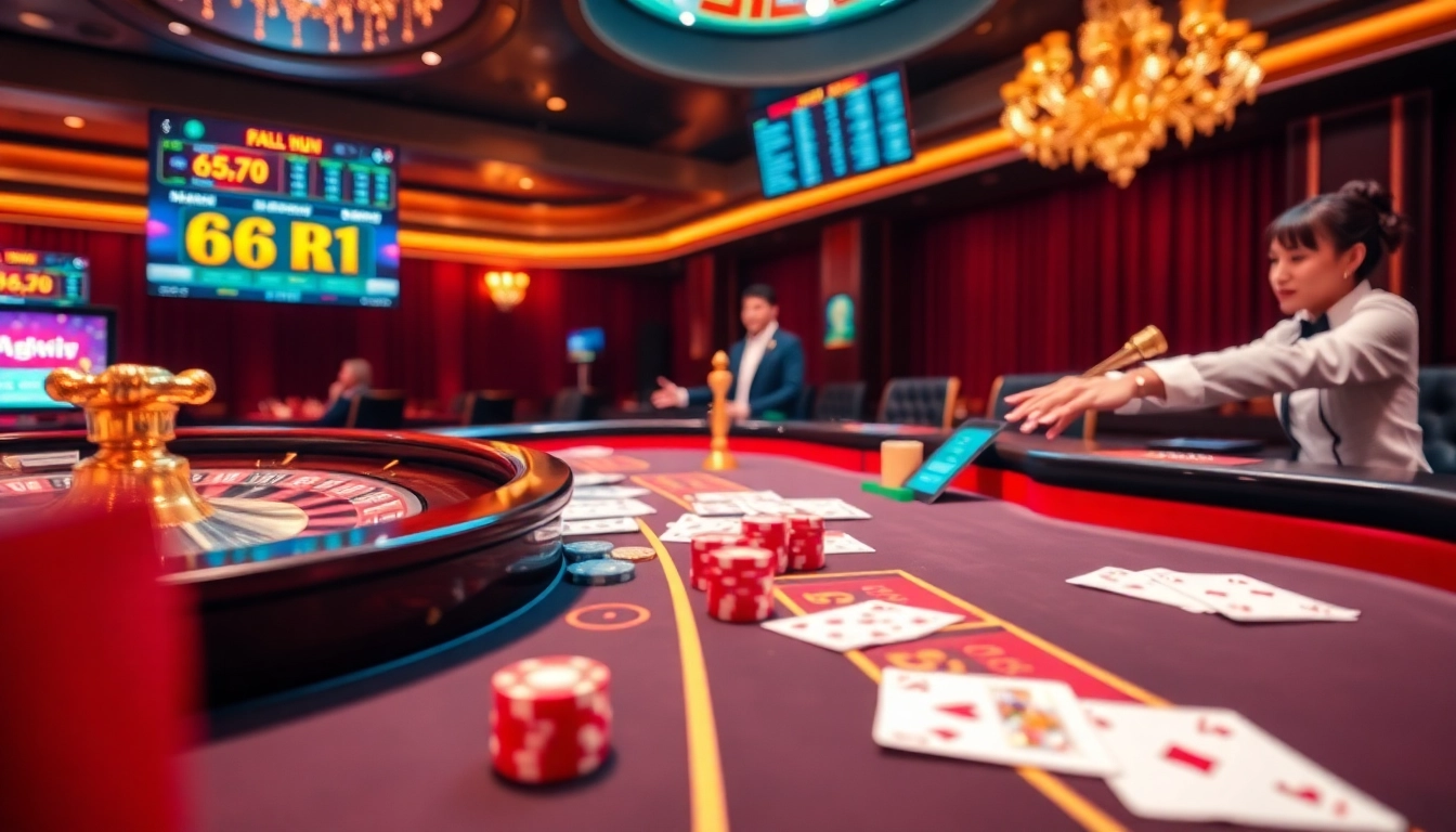 68win table showcasing luxury online gambling with cards and vibrant casino ambiance.