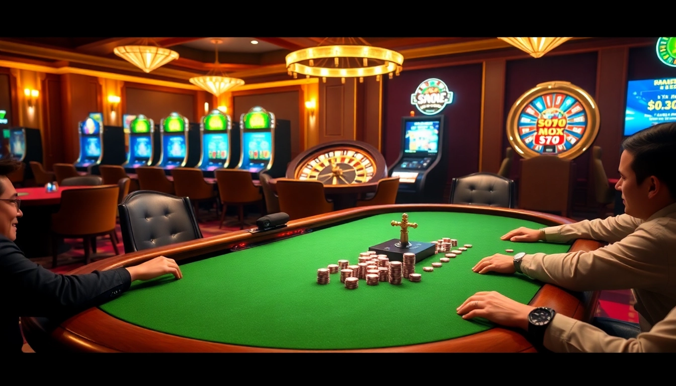 Experience the excitement of online gaming at http://vt88.co/ with vibrant casino visuals featuring poker games and slot machines.