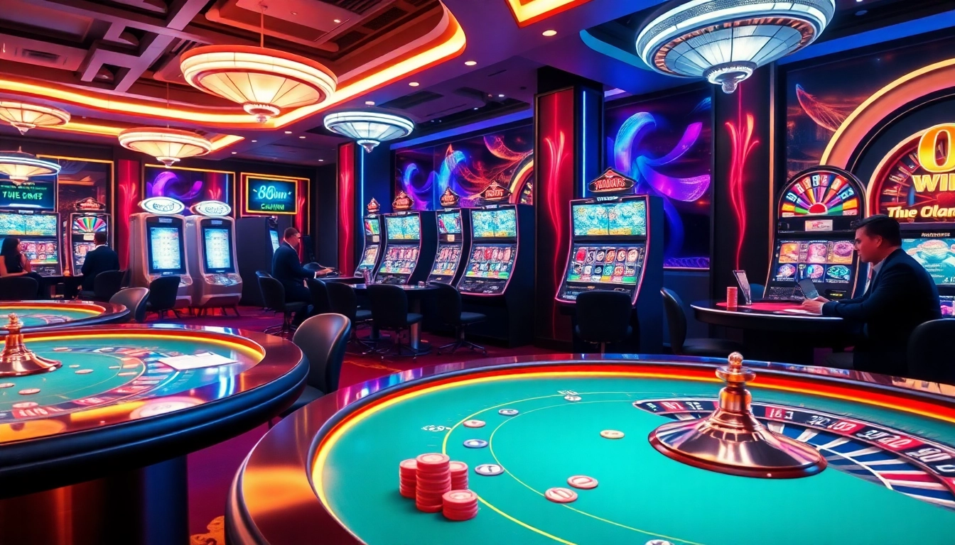 Players enjoying exciting games at 68win online casino, focusing on vibrant slots and poker tables.