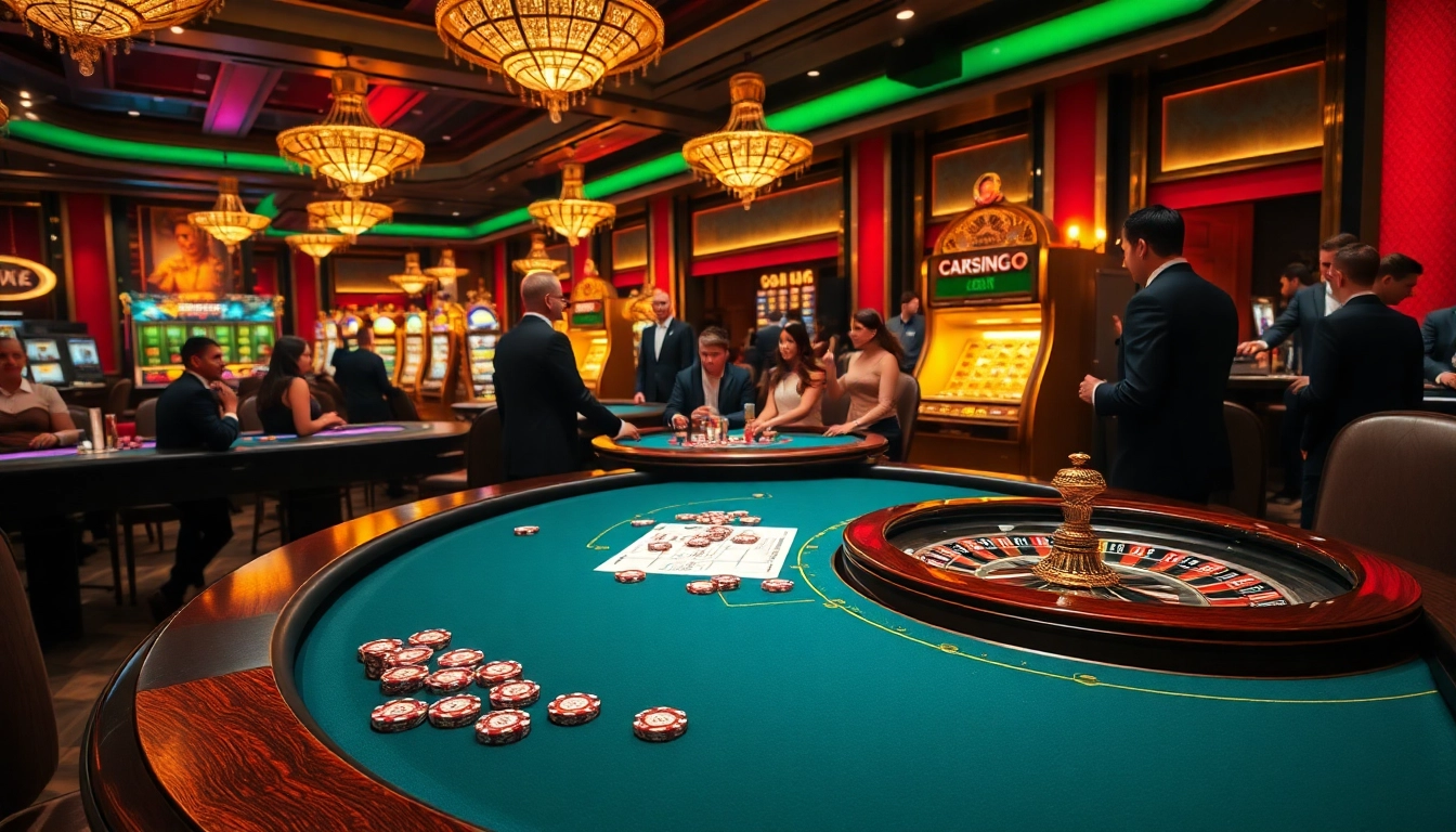 Experience the thrill of winning at Okking-themed luxury casino games, featuring poker and roulette tables.