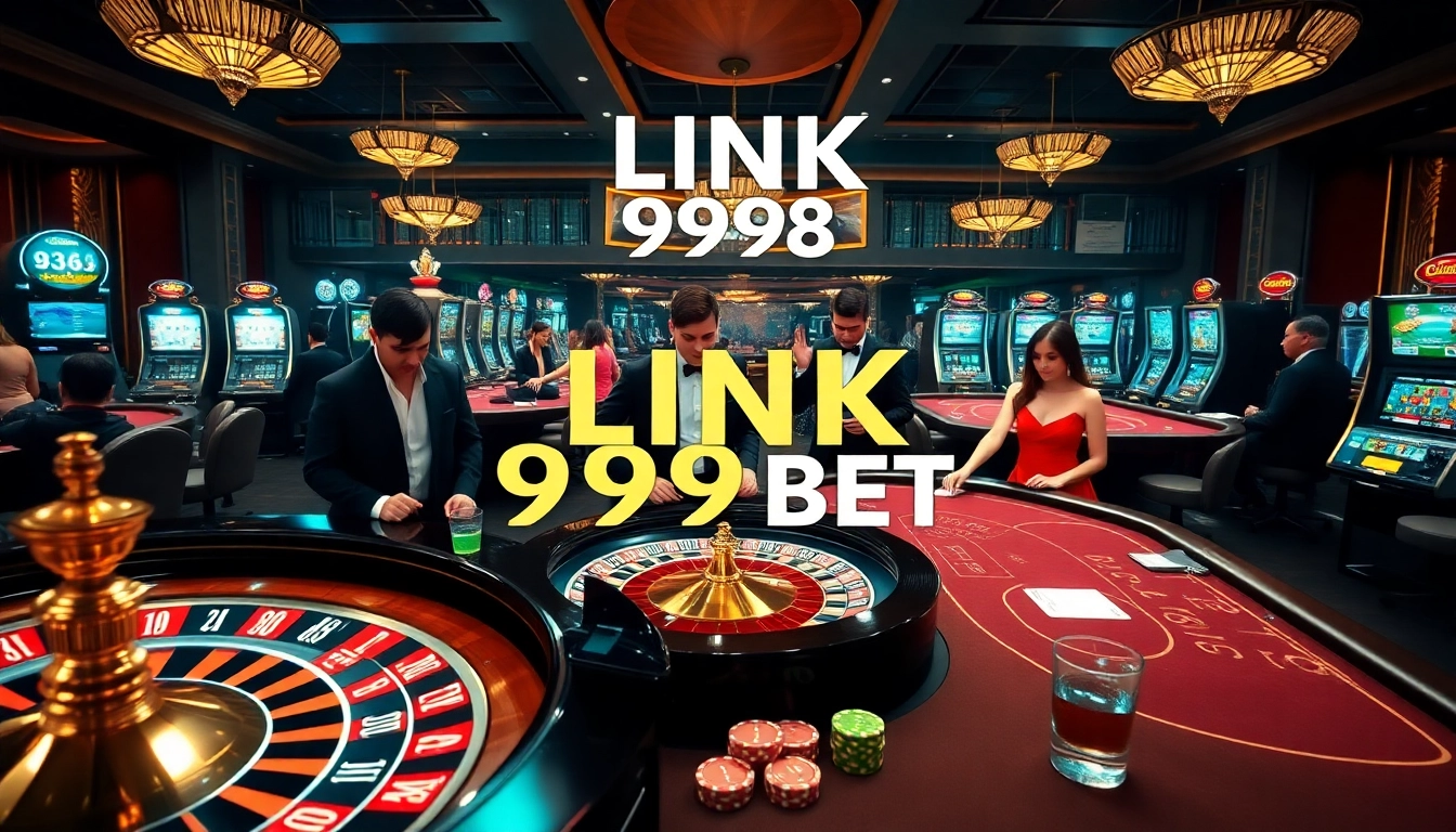 Experience the excitement of LINK 999BET in a lavish casino atmosphere with roulette, poker, and slot machines.