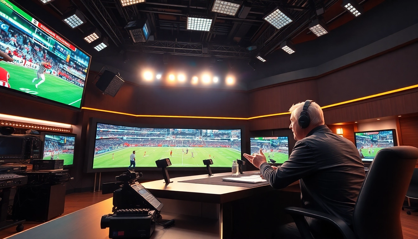 Dynamic sports broadcasting studio featuring advanced technology and a passionate host.