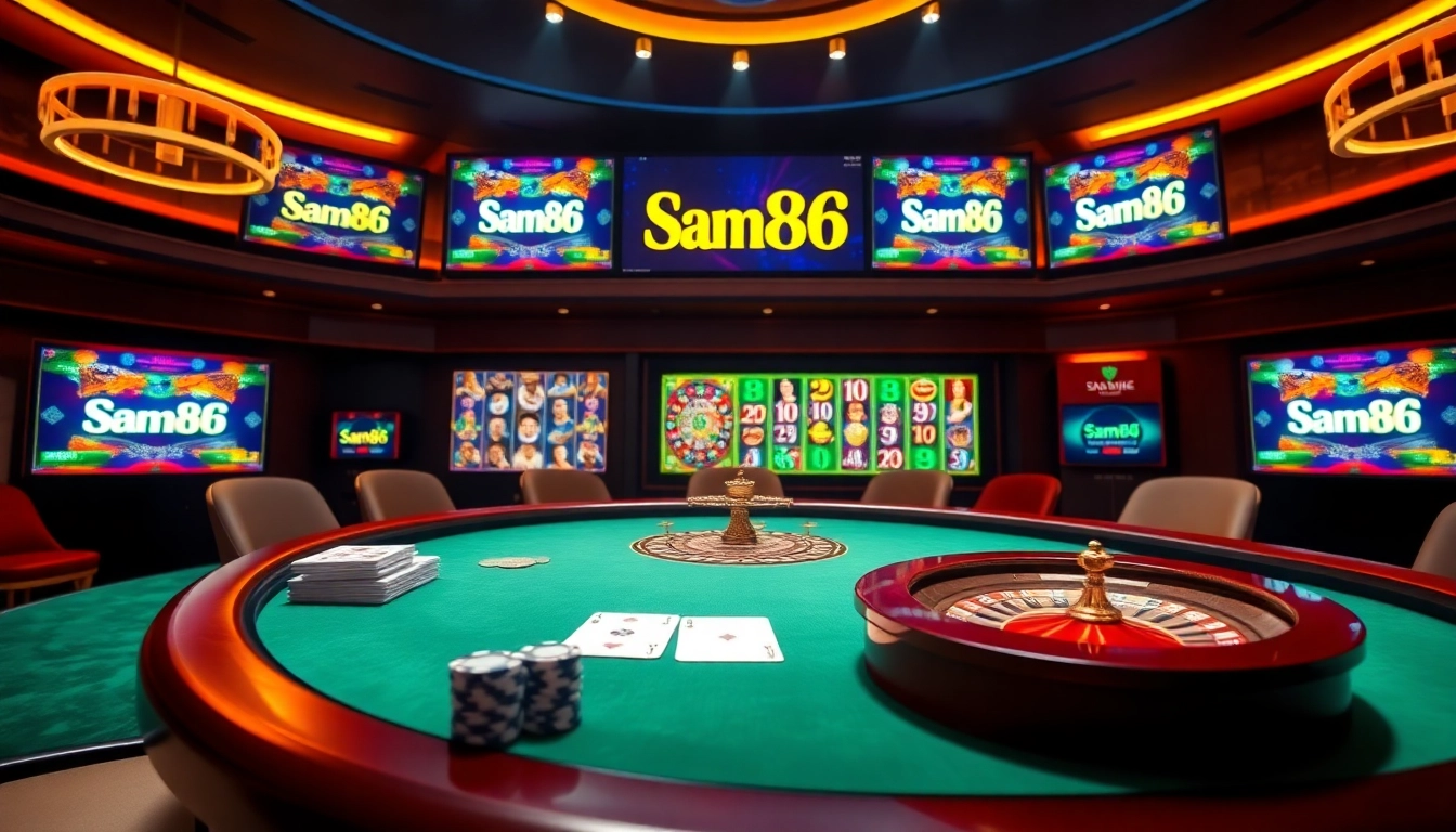 Experience thrilling gameplay at Sam86 with a vibrant virtual casino table and enticing slot games.