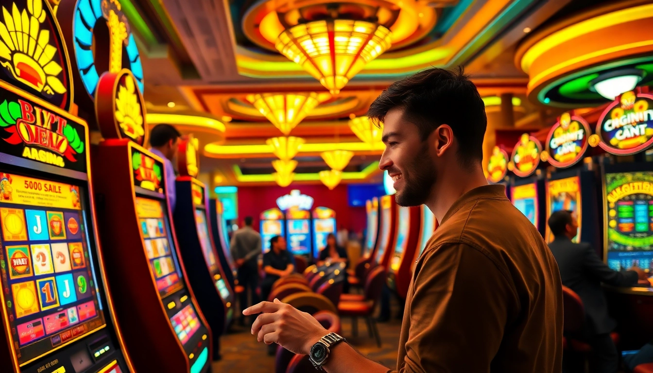 Players enjoying exciting slot games in a luxurious casino environment, spinning reels for big wins.
