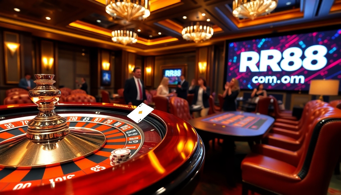 Experience the excitement of RR88 com with a vibrant casino scene featuring roulette and poker.