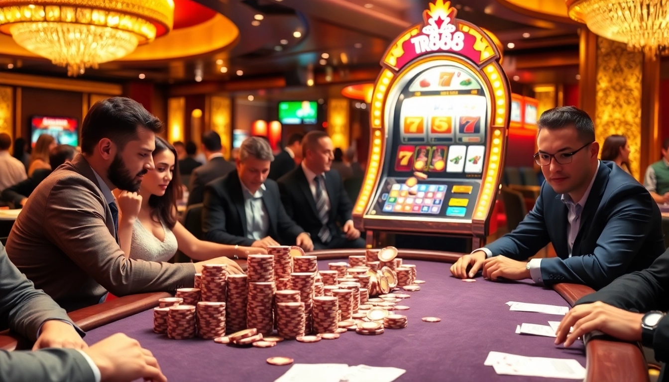 Players enjoy a thrilling casino experience at tr88 with poker chips and roulette wheels.