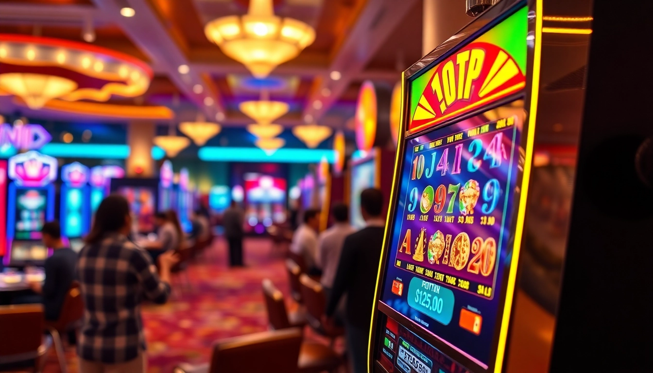 Engaging RTP slot machine with colorful animations in a lively casino environment.