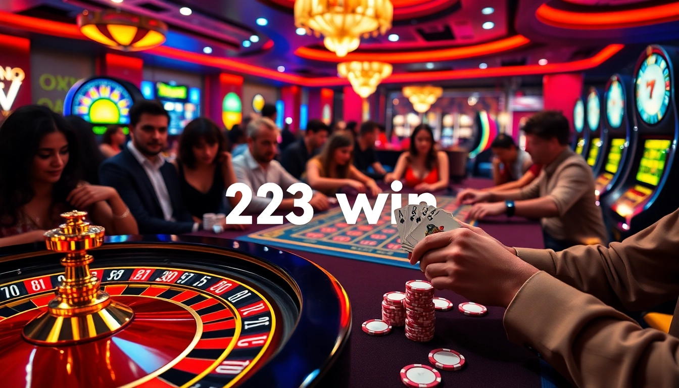 Experience the thrill of 23 win at an upscale casino with players enjoying poker and roulette.