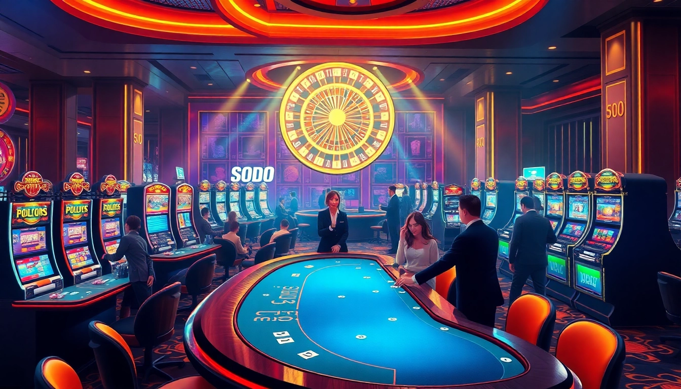 Experience the excitement of SODO CASINO with players engaged at vibrant poker tables.