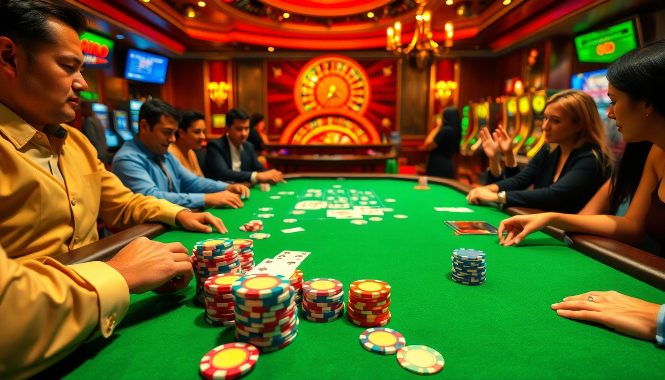 Engaging poker action at https://www.bdtk66.my/ with vibrant poker chips and cards illuminating the casino atmosphere.