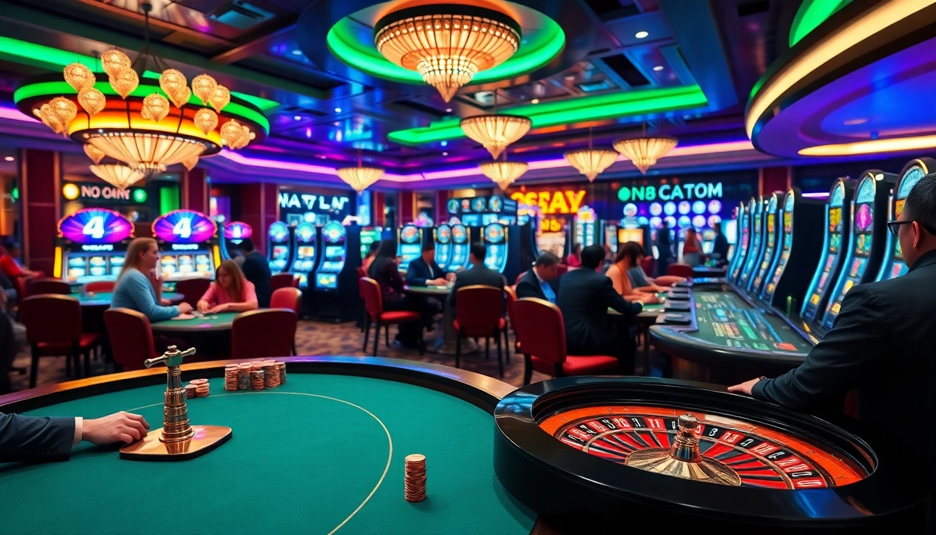 Players enjoying thrilling gameplay at dn88 casino, surrounded by vibrant cards and slot machines.
