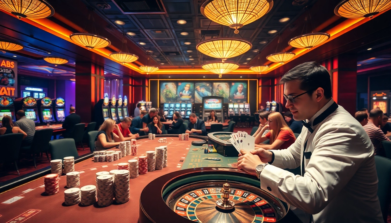 Experience the excitement of pg88 with players enjoying vibrant casino tables and bright slot machines.