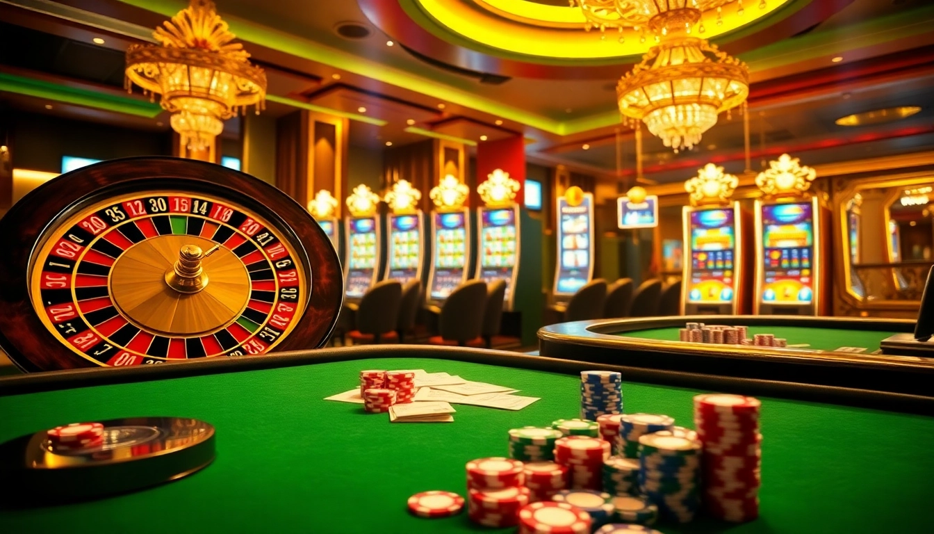 Gamblers enjoying SBOBET link options at a luxurious casino environment with vibrant tables.