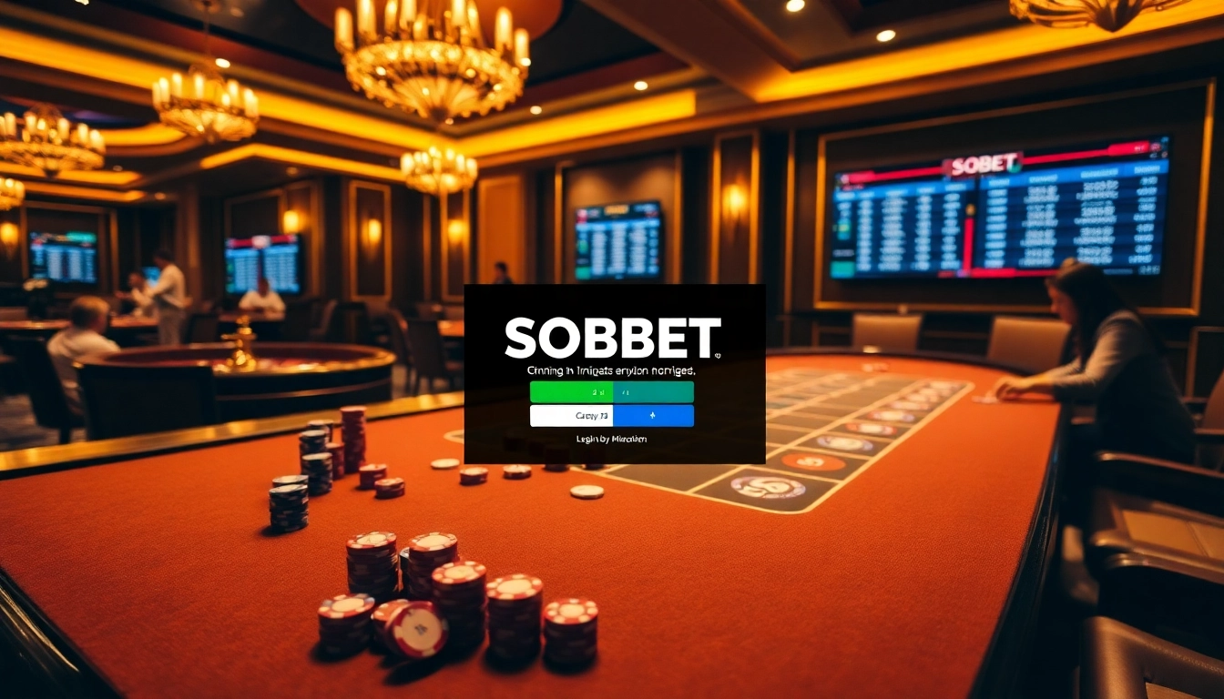 Experience sbobet login in a vibrant casino setting with exciting betting tables and chips.