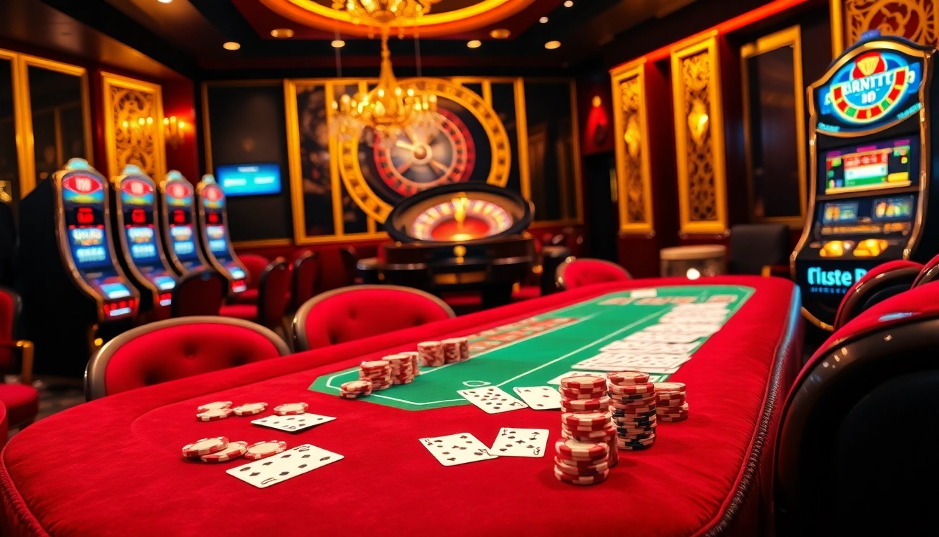 Experience luxury gaming with rr999 branded poker chips and casino tables in a vibrant casino scene.