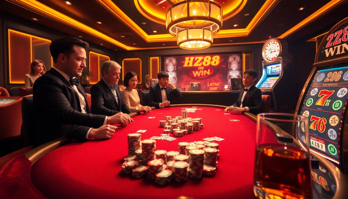 HZ88 win celebrating with poker chips stacking and casino cards in an intense betting scene
