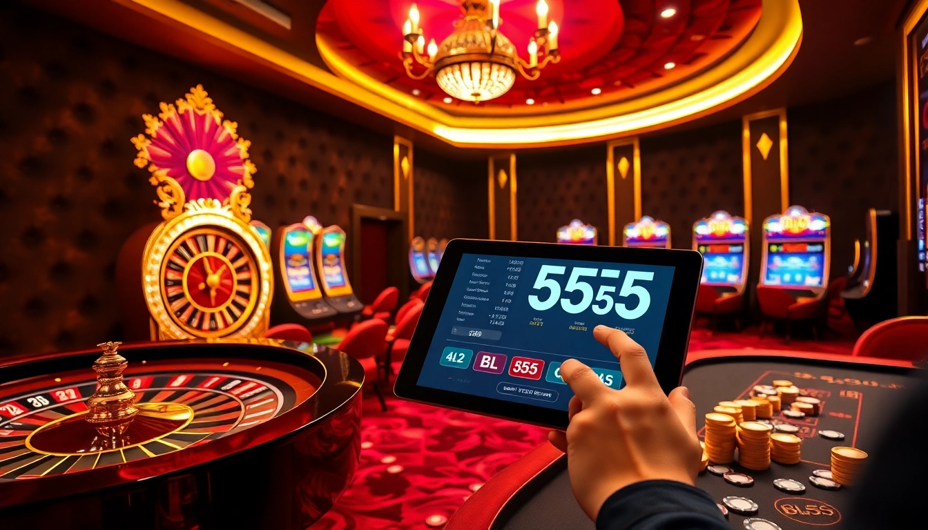Engagement at a BL555 casino with vibrant slot machines and luxurious atmosphere.