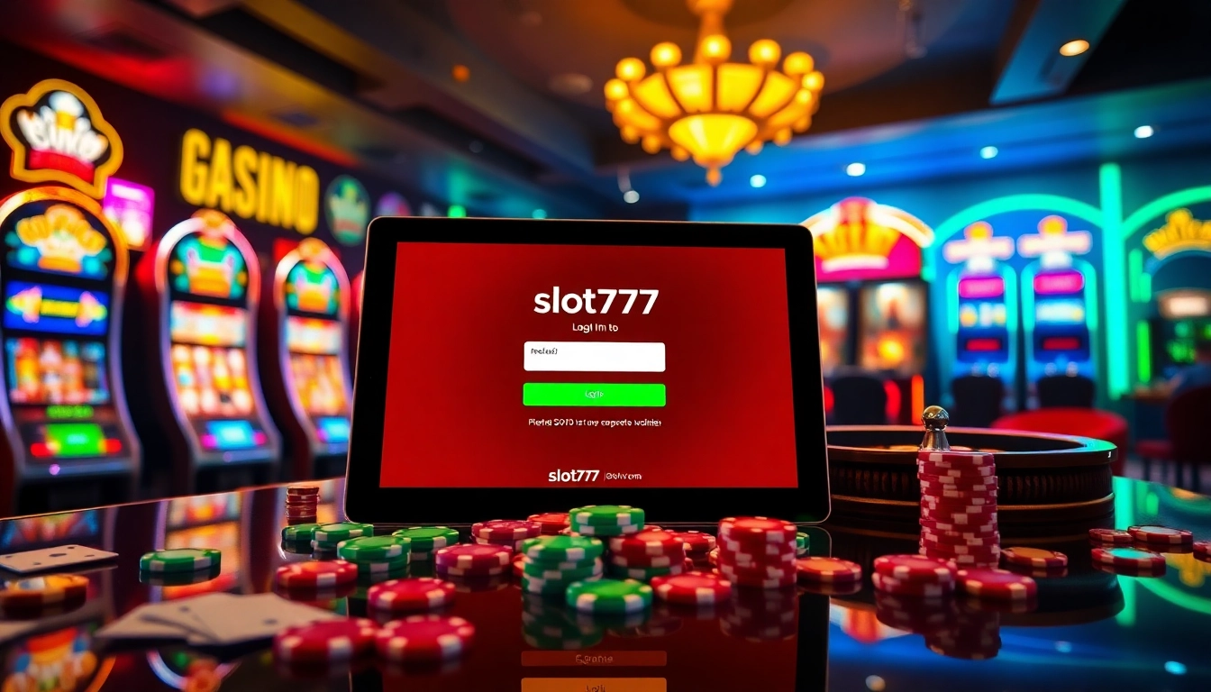 Engaging with slot777 login on a luxury casino tablet amidst vibrant gaming elements.