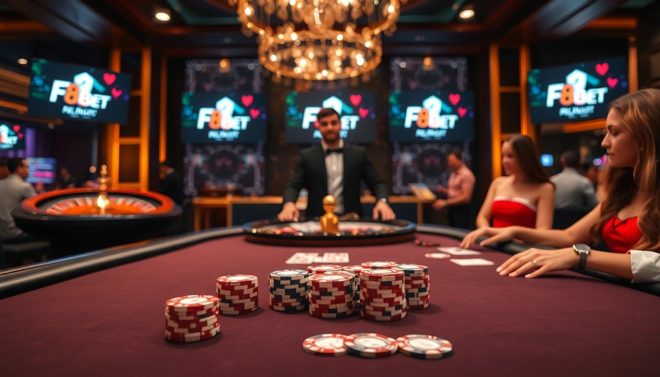 F8BET's dynamic gaming experience with stylish poker tables and lively players, all in a luxurious casino setting.