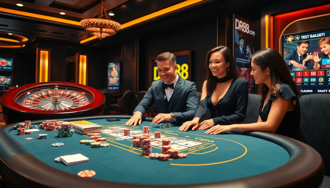 Players enjoying the excitement at a stylish casino table while engaging with the DR88 app interface.