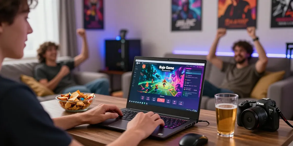 Engaging Raja Game login scene with player on laptop in vibrant gaming setup.